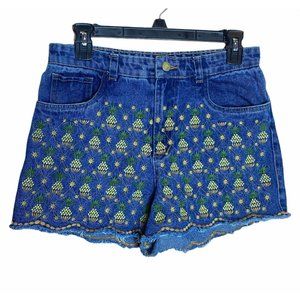 EUC Farm Rio Pineapple Embroidered High-waisted Denim Shorts Size M